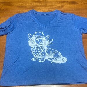 Women's Blue Graphic Tee with Cowboy Dog Design